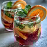 Refreshing alcohol-free sangria featuring white grape juice, citrus wheels, and sparkling water, served over ice with mint garnish.