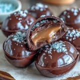 Handmade peanut butter and dark chocolate Easter eggs, each coated in glossy chocolate and topped with crunchy sea salt flakes.