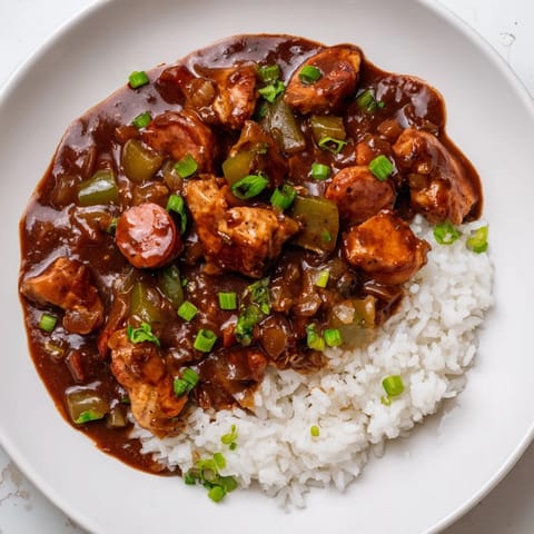 Spoonful of flavorful gumbo with chicken and sausage, alongside fluffy rice, ready to eat.
