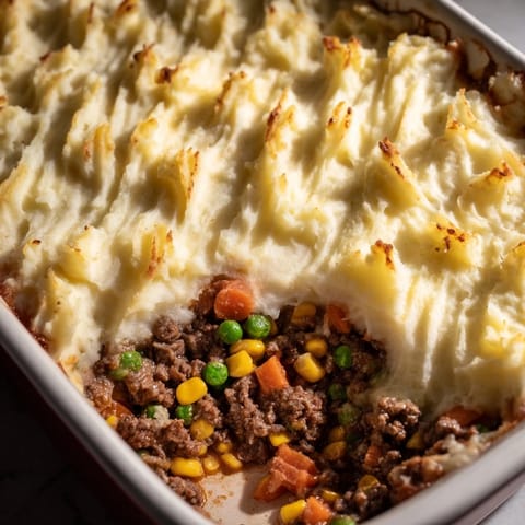A steaming, hearty serving of Shepherds Pie, with a creamy mashed potato topping and savory meat.
