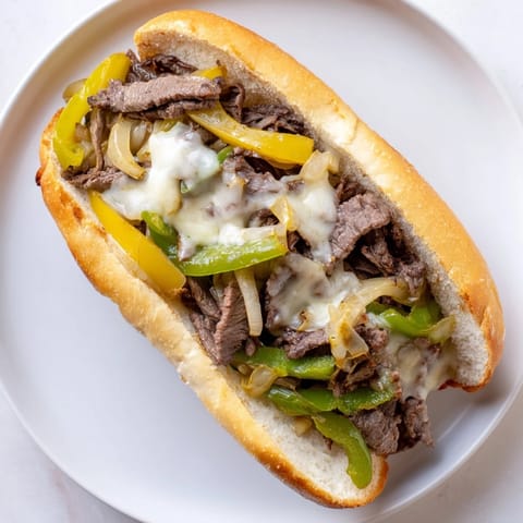 Golden-toasted hoagie roll overflowing with a classic Philly Cheesesteak, ready to eat.