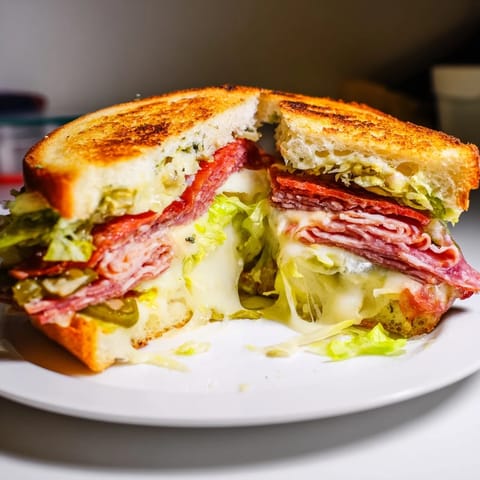 Golden-brown Italian Sub Grilled Cheese sandwich with melted provolone and stacked salami on toasted bread.  