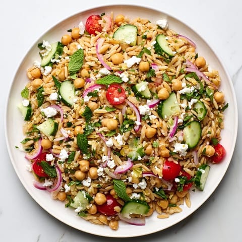 Bright Mediterranean-inspired Lemony Chickpea Orzo Salad served chilled, garnished with crumbled feta and vibrant parsley for a refreshing, light meal or picnic side.  