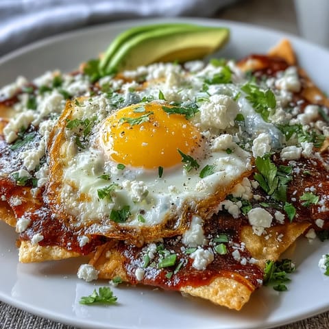 Crispy corn tortilla chips coated in vibrant green salsa verde, topped with a runny fried egg, avocado slices, and crumbled queso fresco.  