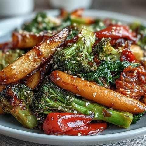 Vibrant, crisp-tender veggies in a Comforting Fermented Veggie Winter Stir-Fry with kimchi.