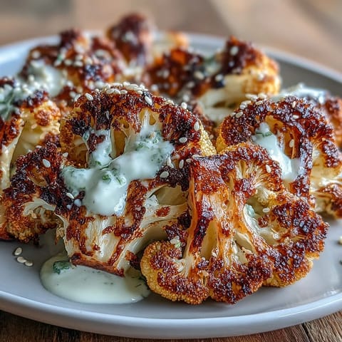Golden roasted cauliflower florets, seasoned with cumin and paprika, are arranged over a vibrant lemon lentil salad in this Roasted Cauliflower With Lemon Lentil Cumin Tahini Yogurt dish.