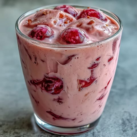 Creamy cherry almond smoothie blended smooth, a vibrant breakfast treat ready to enjoy.