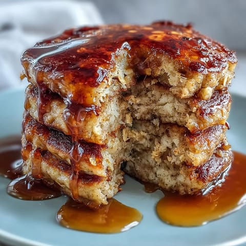 Healthy banana oat pancakes stacked high with fresh fruit topping.