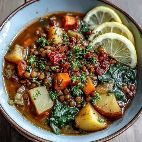 A rich pot of Vegetarian Lentil Stew simmers with diced carrots and potatoes in a savory tomato broth.
