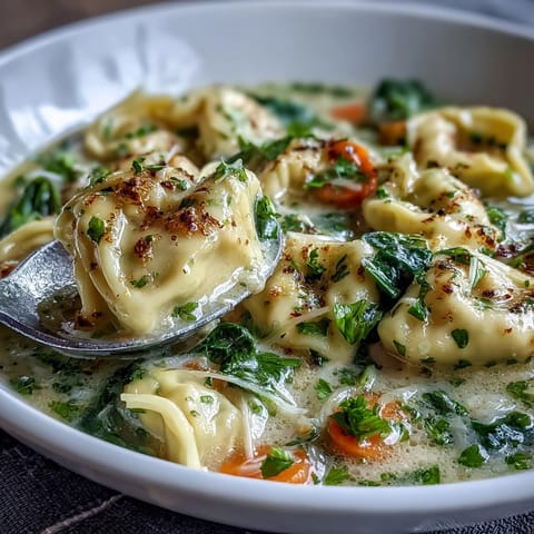 A ladle of Easy Tortellini Soup With Chicken Broth poured beside a slice of crusty bread for dipping.