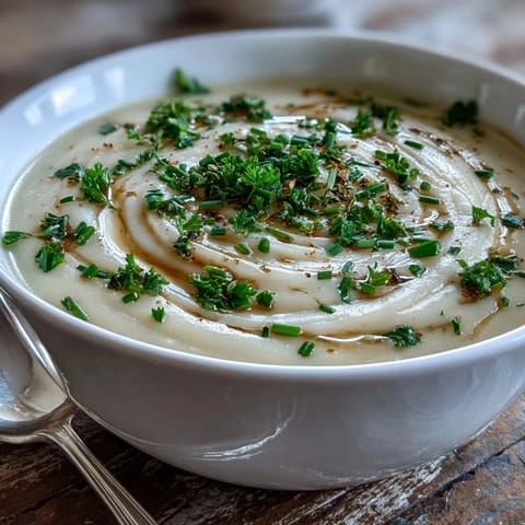 This French-style Creamy Celery Root Bisque offers velvety smoothness, perfect as a refined soup starter for special occasions.