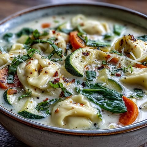 A close-up of Creamy Vegetable Tortellini Soup with vibrant carrots and spinach in a rich, creamy broth.