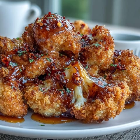 Tender cauliflower florets coated in a crispy panko crust are drizzled with sweet hot honey sauce.
