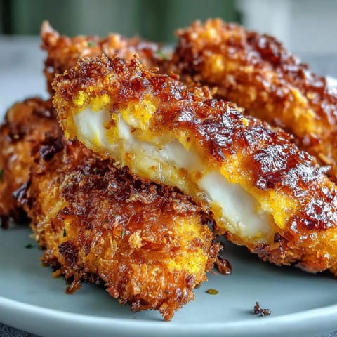 A close-up of Crispy Turmeric Chicken Tenders showcasing the crunchy golden breading and vibrant yellow turmeric spices.