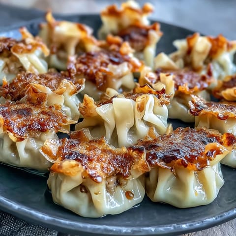 Crackly-edged Smash Dumplings served with a small bowl of savory dipping sauce.