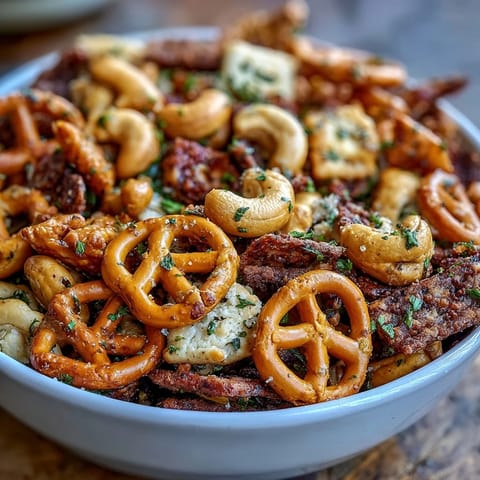 A close-up of Everything Ranch Cheese and Pretzel Snack Mix with herbs and sesame seeds, ideal for game day parties.