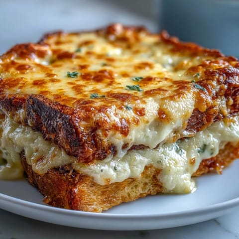 A baked Croque Monsieur Casserole with golden, puffed Gruyère and creamy béchamel sauce.