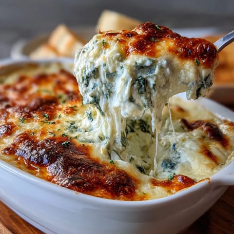 Creamy baked spinach artichoke dip with visible greens and artichokes in a skillet, perfect for game day snacking alongside crispy crackers and celery sticks.