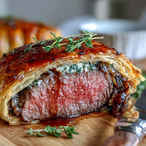 Freshly baked Beef Wellington shows golden, flaky puff pastry with visible thyme and buttery layers on a rustic board.