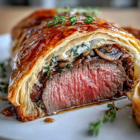 Crisp, golden Beef Wellington slices reveal juicy beef tenderloin and rich mushroom duxelles plated with a drizzle of red wine jus.