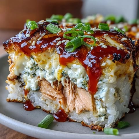 Freshly baked Spicy Salmon Sushi Bake bubbling in a ceramic dish, topped with creamy avocado slices and drizzled with spicy mayo.
