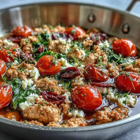 Steam rises from the savory Mediterranean Keto Ground Chicken Skillet, featuring wilted spinach, bright lemon juice, and generous chunks of creamy feta cheese.