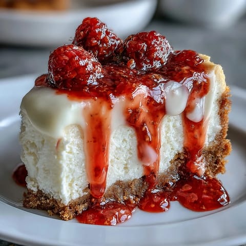 A slice of White Chocolate Raspberry Cheesecake Bliss sits on a white plate, featuring a buttery graham cracker crust and a vibrant red raspberry swirl through the creamy filling.