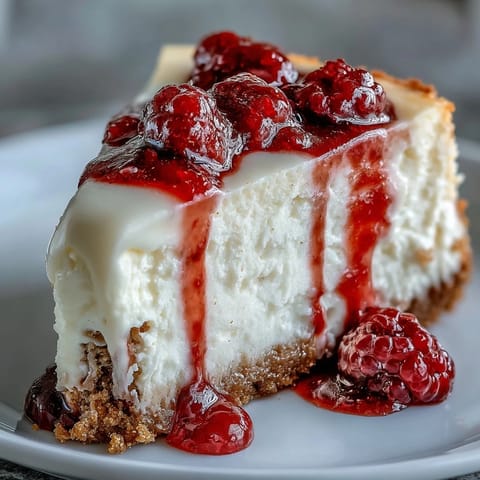 Fresh raspberries and a drizzle of tangy sauce top this White Chocolate Raspberry Cheesecake Bliss, highlighting the decadent white chocolate and smooth texture of this classic dessert.