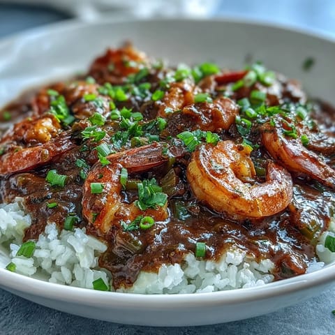 Close-up of Classic New Orleans Étouffée with succulent shrimp simmering in a rich, dark roux with Cajun spices.
