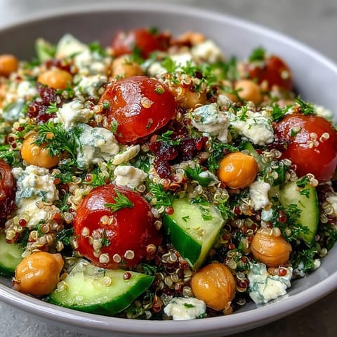 A bowl of High Protein Quinoa & Chickpea Salad featuring cherry tomatoes, crisp cucumber, and a light olive oil dressing.