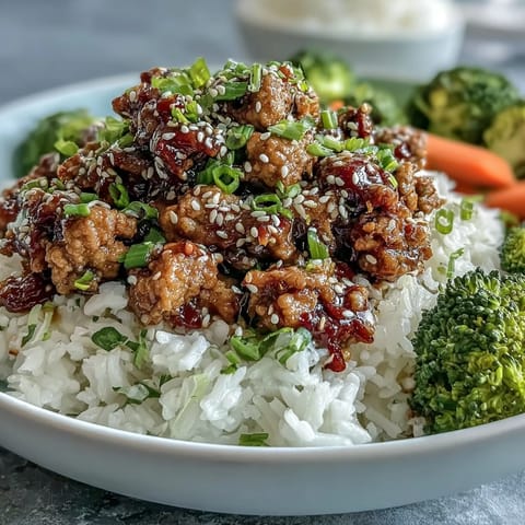 Plated Korean-Style Ground Turkey over steamed rice garnished with chives and sesame seeds.