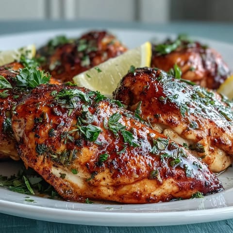 Golden-brown Oven Baked Chicken Breast fresh from the oven, garnished with fresh parsley and lemon slices on a rustic wooden table.