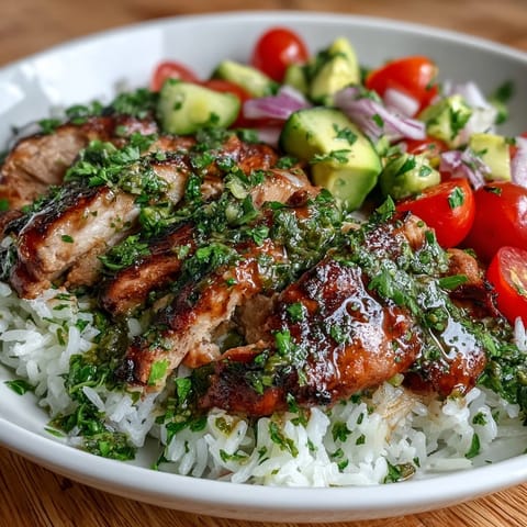 Freshly grilled chimichurri chicken slices rest on fluffy white rice, topped with diced cucumbers, halved cherry tomatoes, and creamy avocado.