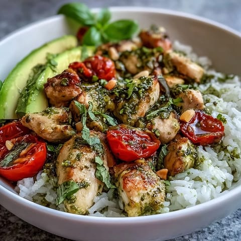 Vibrant Pesto Chicken Bowl features juicy pesto chicken over fluffy rice with crisp vegetables and avocado.