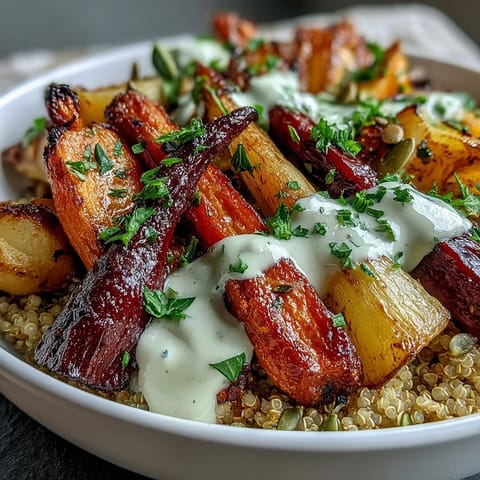 A vibrant Roasted Root Vegetable Bowl garnished with fresh parsley and toasted pumpkin seeds, ideal for a wholesome vegetarian meal.  