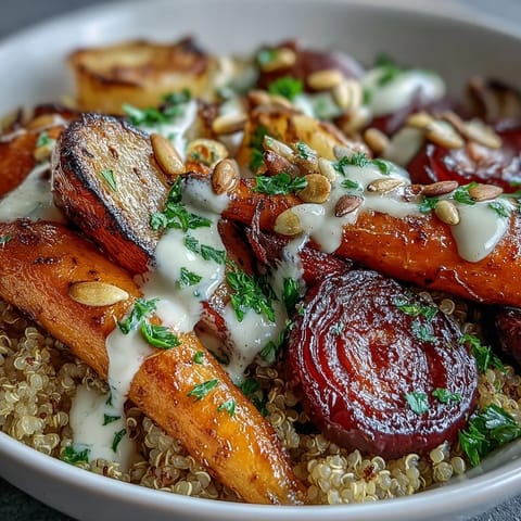 Golden roasted root vegetables like carrots, beets, and parsnips rest on a bed of fluffy quinoa, drizzled with creamy tahini sauce.  