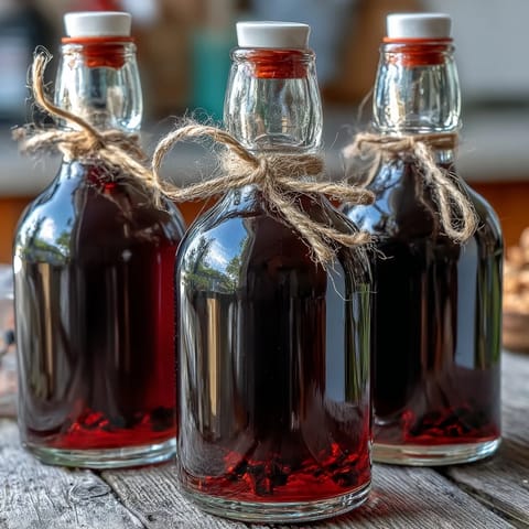 Glistening Homemade Spiced Blackcurrant Vodka Liqueur in a glass decanter, displaying its deep berry color and inviting aroma.