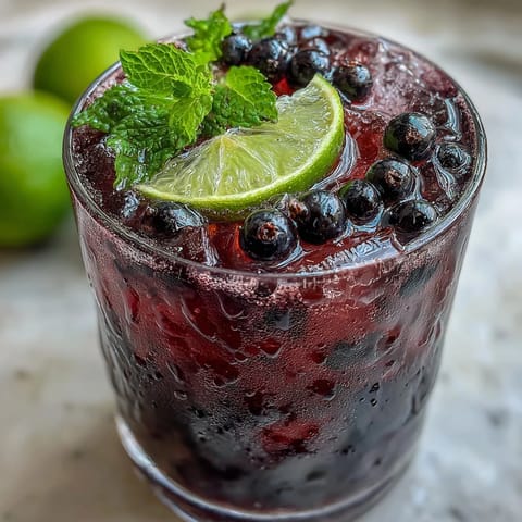 Vibrant purple Black Currant Mojito topped with soda bubbles, mint, and fresh black currants on a summer patio table.