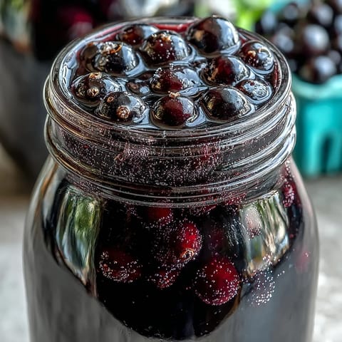 A sealed glass jar filled with Blackcurrant Vodka Liqueur ingredients, steeping with vodka, fresh currants, and sugar.