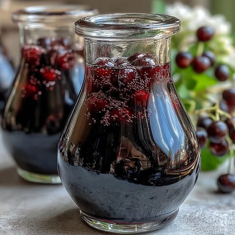 Homemade Blackcurrant Vodka Liqueur in a glass bottle with a deep purple hue and fresh berries nearby.