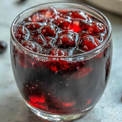 Homemade Crème de Cassis rests in a rustic glass jar, featuring fresh blackcurrants, vodka, and a split vanilla bean.