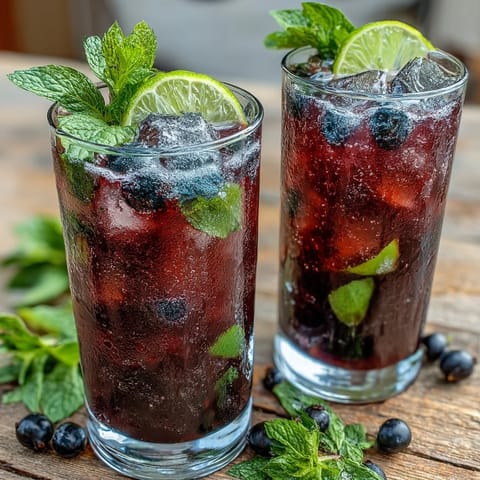 Chilled highball glasses filled with Tangy Blackcurrant Mojito, garnished with fresh mint sprigs and lime slices.