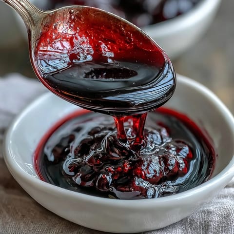 A glass bottle filled with dark purple Black Currant Syrup, with a spoon drizzling some over a stack of fluffy pancakes.