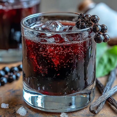 A close-up of deep ruby Black Currant Rum Liqueur, its rich berry notes captured in a chilled glass.