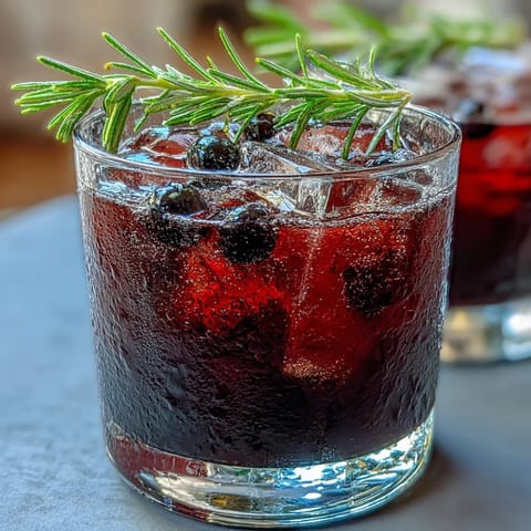 Aromatic black currant rosemary cocktail with bourbon, garnished with a fresh rosemary sprig and black currants in a rocks glass.