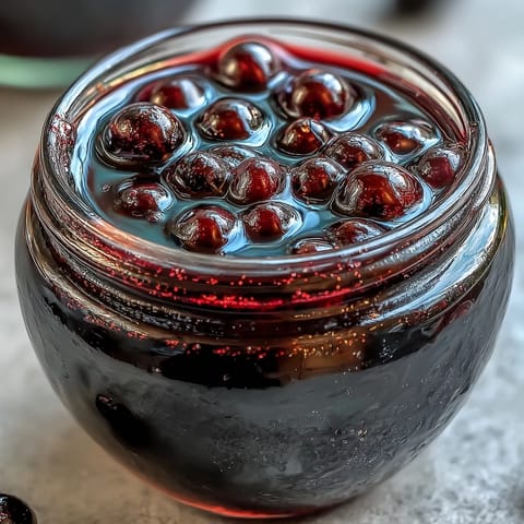 A glass of sparkling water with a splash of homemade black currant shrub, garnished with fresh berries and mint.  