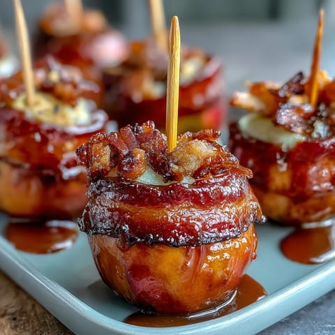 Bite-sized candy apple pieces on toothpicks, glossy red coating glistening for party-ready snacking.  