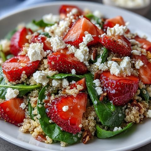 Strawberry Feta Quinoa Salad with Balsamic dressing, featuring fresh strawberries, creamy feta, and hearty quinoa tossed in a tangy vinaigrette.  