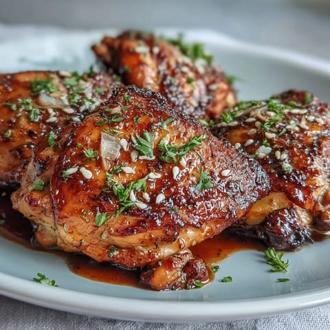 Honey garlic baked chicken thighs with golden crispy skin and savory glaze.