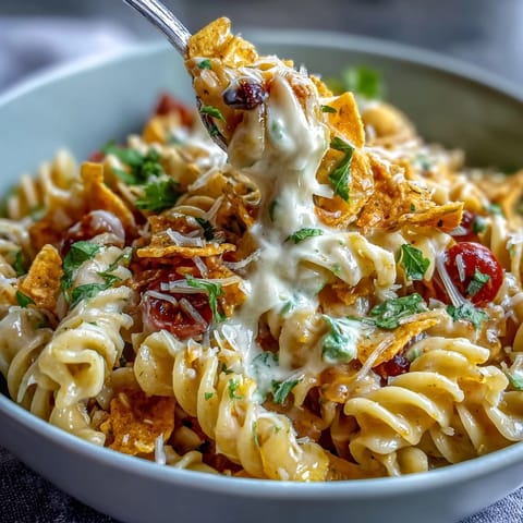 Vibrant Taco Pasta Salad with Doritos and Avocado Ranch, bursting with fresh vegetables, creamy dressing, and crunchy chips.  